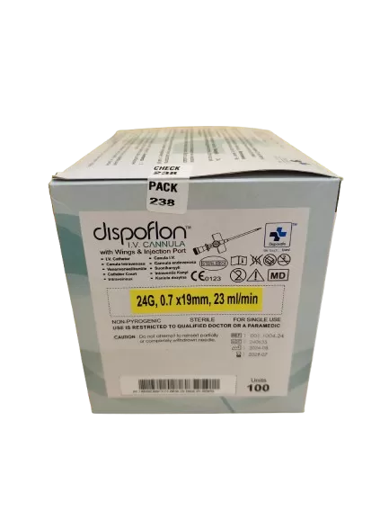 Intravénás kanül Dispoflon 24G 0,7 mm x 19 mm (sárga) (100 db/doboz)