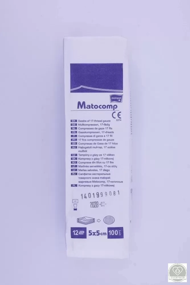 Matocomp mull-lap 12R hajtogatott 5 cm x 5 cm (100 db/csomag, 30 csomag/karton)