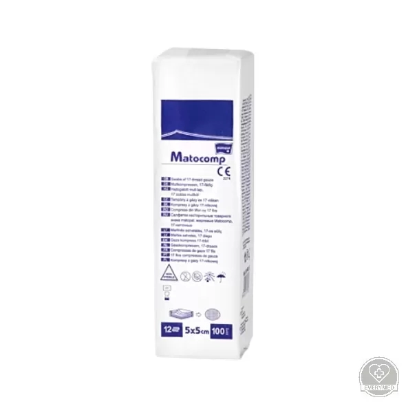 Matocomp mull-lap 12R hajtogatott, 5 cm x 5 cm (100 db/csomag, 30 csomag/karton)