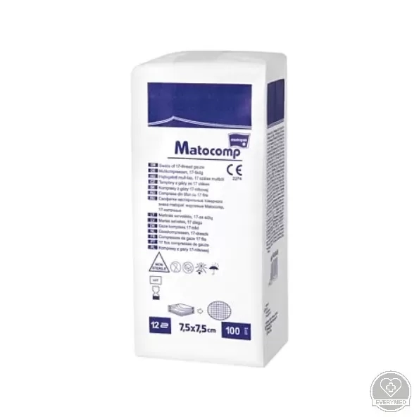 Matocomp mull-lap 12R hajtogatott ,7,5 cm x 7,5 cm (100 db/csomag, 10 csomag/karton)