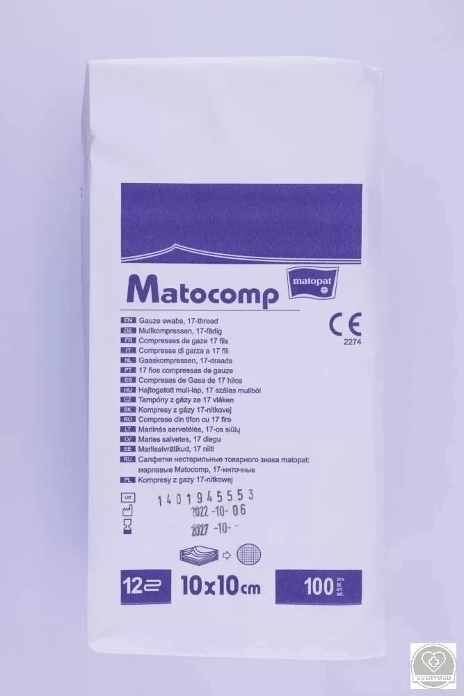 Matocomp mull-lap 12R hajtogatott 10 cm x 10 cm (100 db/csomag, 10 csomag/karton)