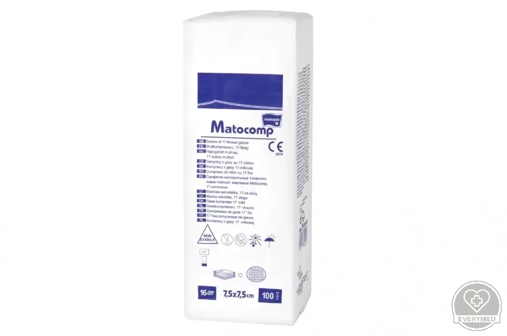 Matocomp mull-lap 16R hajtogatott, 7,5 cm x 7,5 cm (100 db/csomag, 10 csomag/karton)