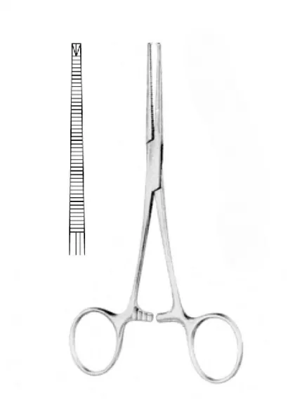 Kocher érfogó, 1x2 fogú, horgas, egyenes 14 cm