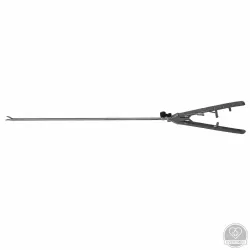 Laparoszkópos tűfogó, jobbról balra ívelt pofa, V-markolat racsnival, 5 mm x 330 mm