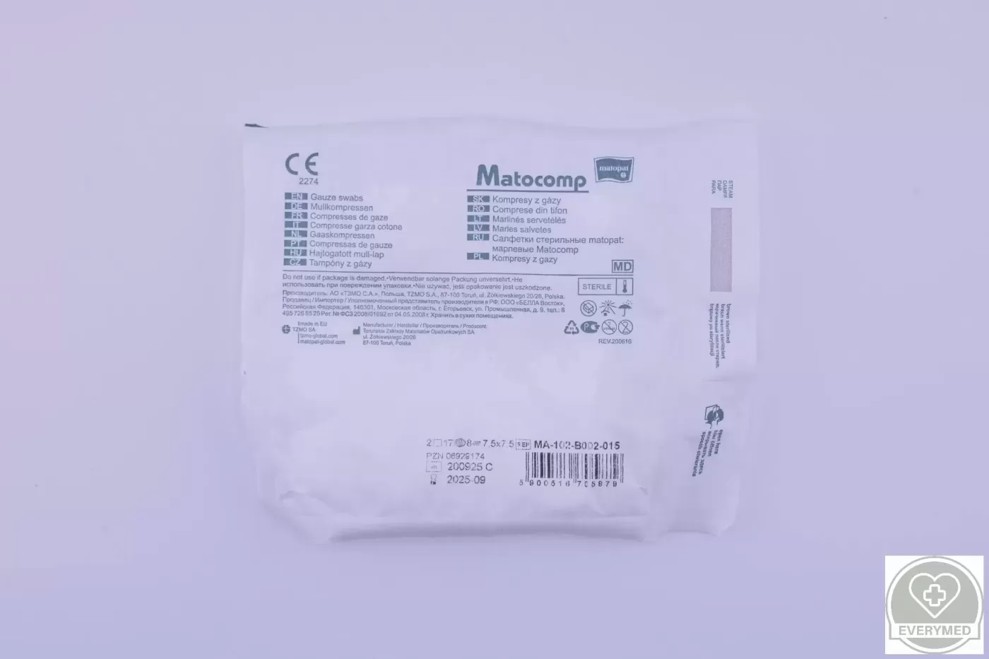 Matocomp mull-lap 8R steril 7,5 cm x 7,5 cm (2 db/csomag, 300 csomag/karton)