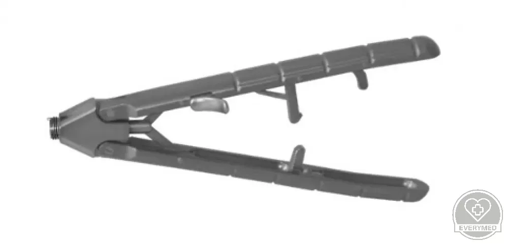 Laparoszkópos tűfogó, egyenes pofa, V-markolat racsnival, 5 mm x 330 mm
