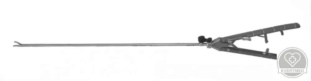 Laparoszkópos tűfogó, egyenes pofa, V-markolat racsnival, 5 mm x 330 mm
