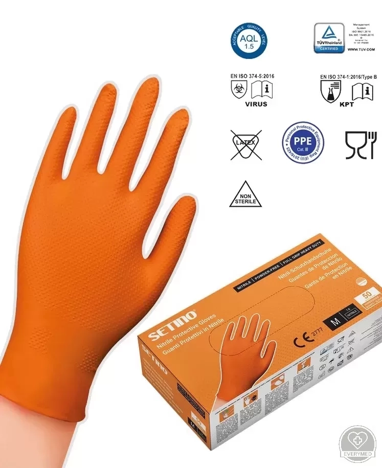 Setino nitril vizsgáló púdermentes kesztyű narancs Méret: M (50 db/doboz, 10 doboz/karton)