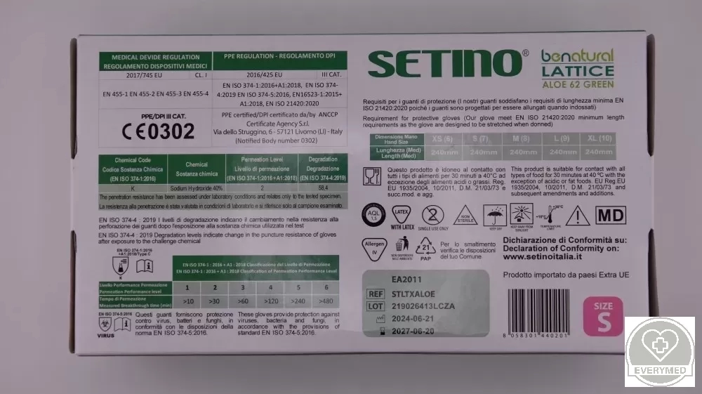 Setino latex vizsgáló púdermentes kesztyű Aloe zöld Méret: S (100 db/doboz, 10 doboz/karton)