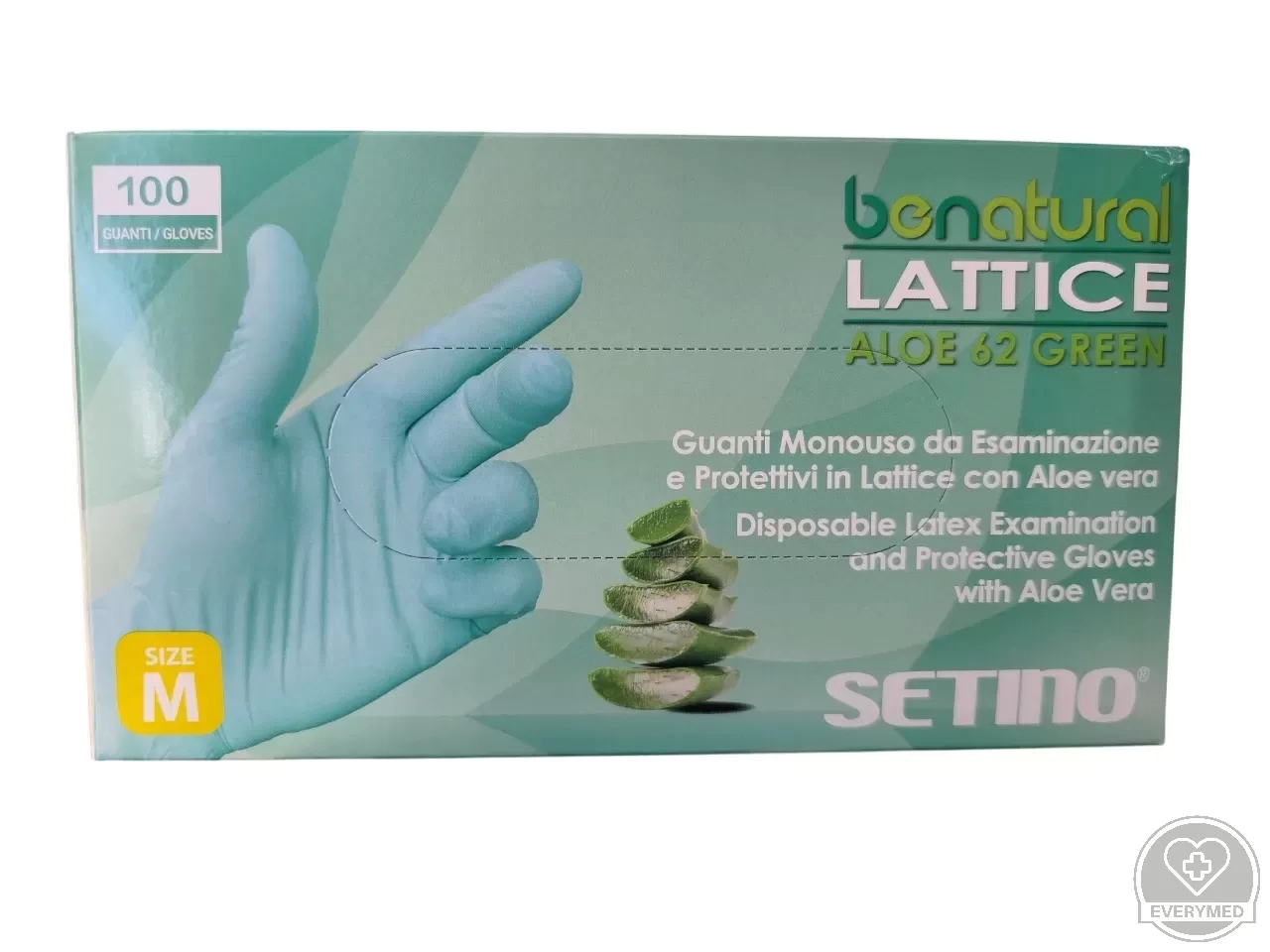 Setino latex vizsgáló púdermentes kesztyű aloe zöld, méret: M (100 db/doboz, 10 doboz/karton)