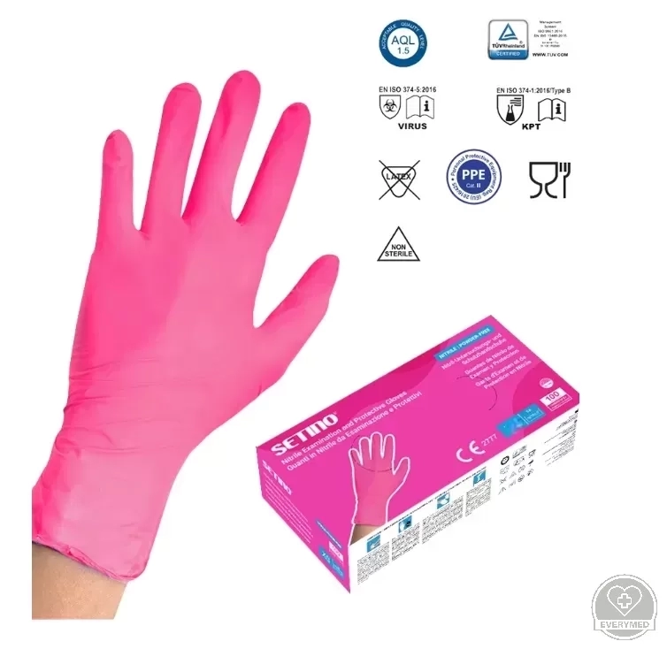 Setino nitril vizsgáló púdermentes kesztyű pink, méret: M (100 db/doboz, 10 doboz/karton)