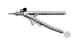 Laparoszkópos tűfogó, balról jobbra ívelt pofa, V-markolat racsnival, 5 mm x 330 mm (Balkezes)