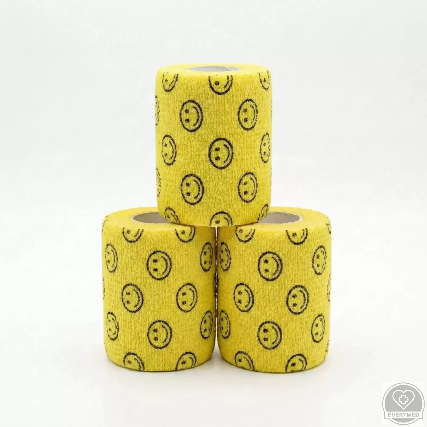 Öntapadós rugalmas kötszer, sárga smiley mintás, 10 cm x 4,5 m, 12 db