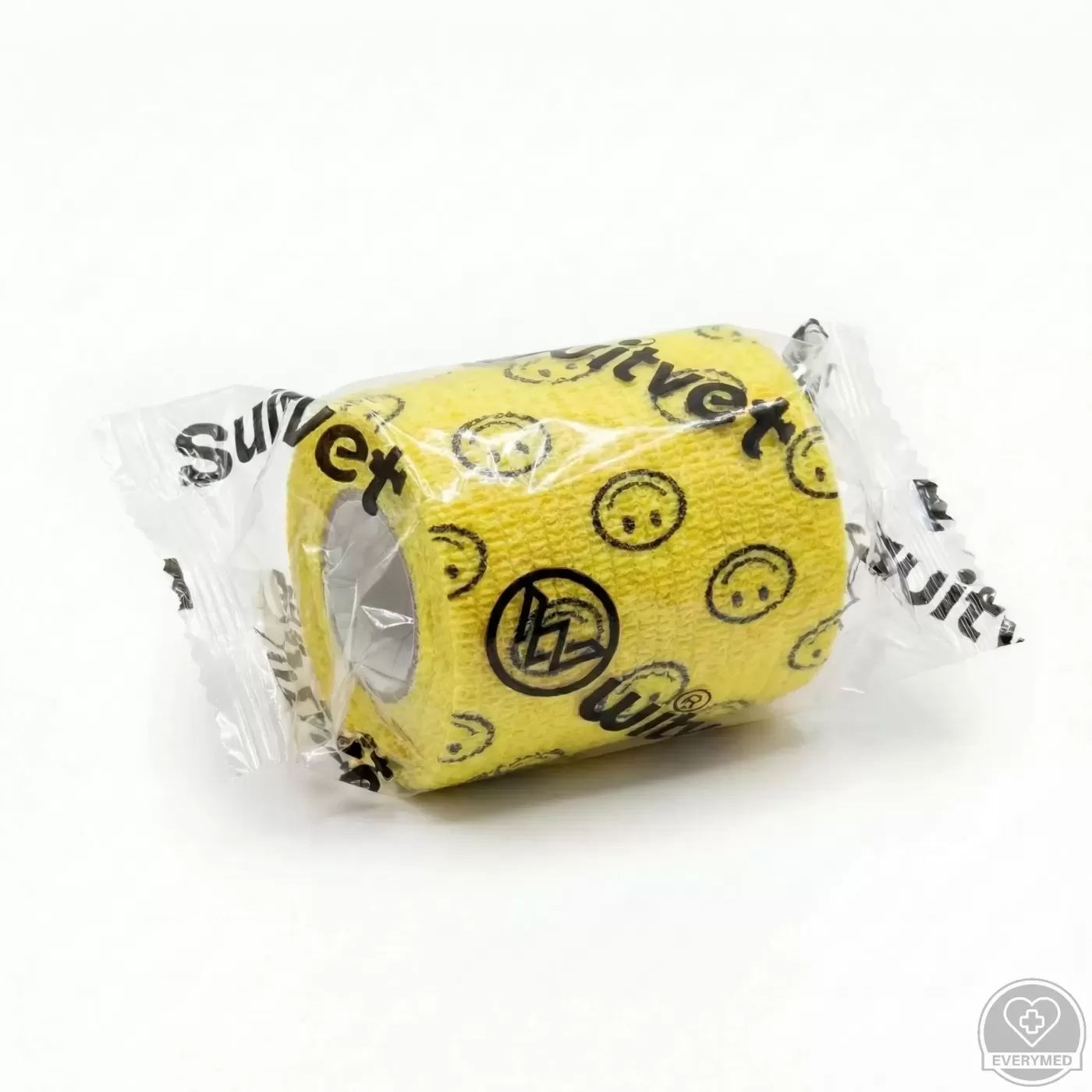 Öntapadós rugalmas kötszer, sárga smiley mintás, 5 cm x 4,5 m, 12 db