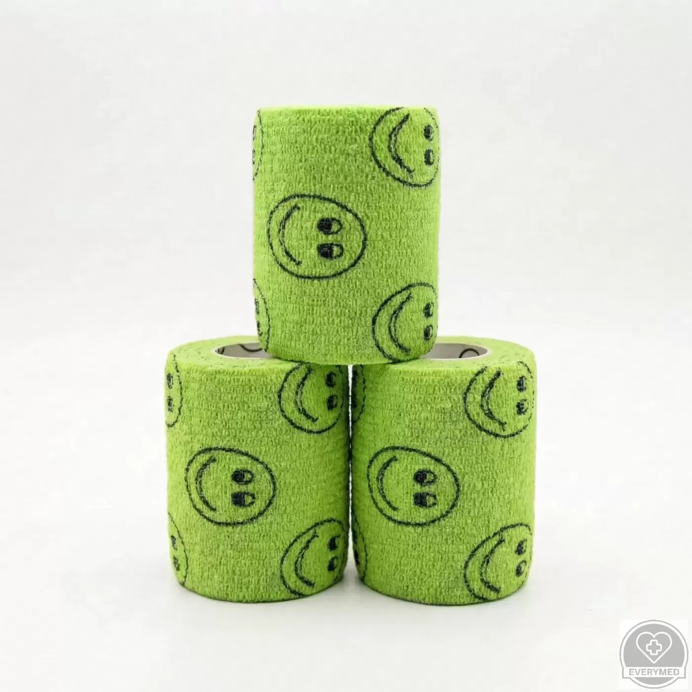 Öntapadós rugalmas kötszer, zöld smiley mintás, 7,5 cm x 4,5 m, 12 db