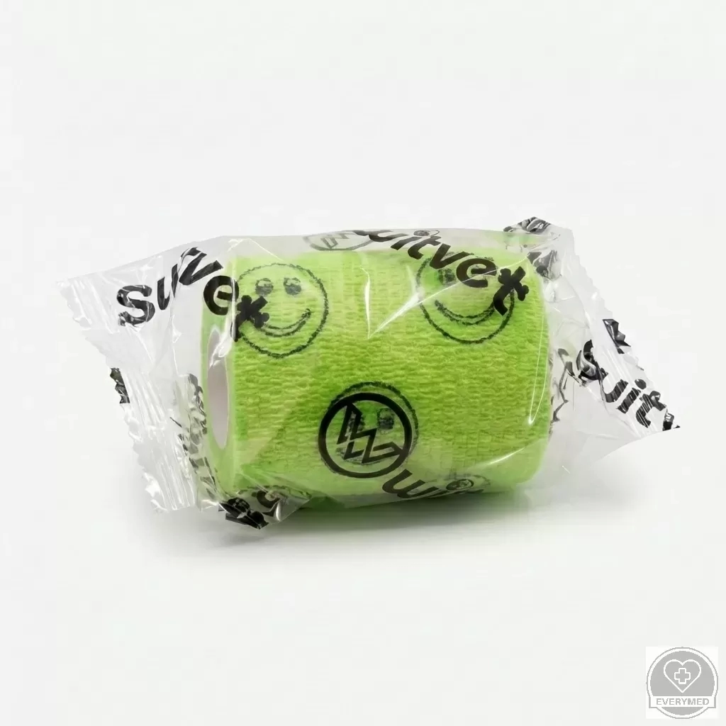 Öntapadós rugalmas kötszer, zöld smiley mintás, 7,5 cm x 4,5 m, 12 db