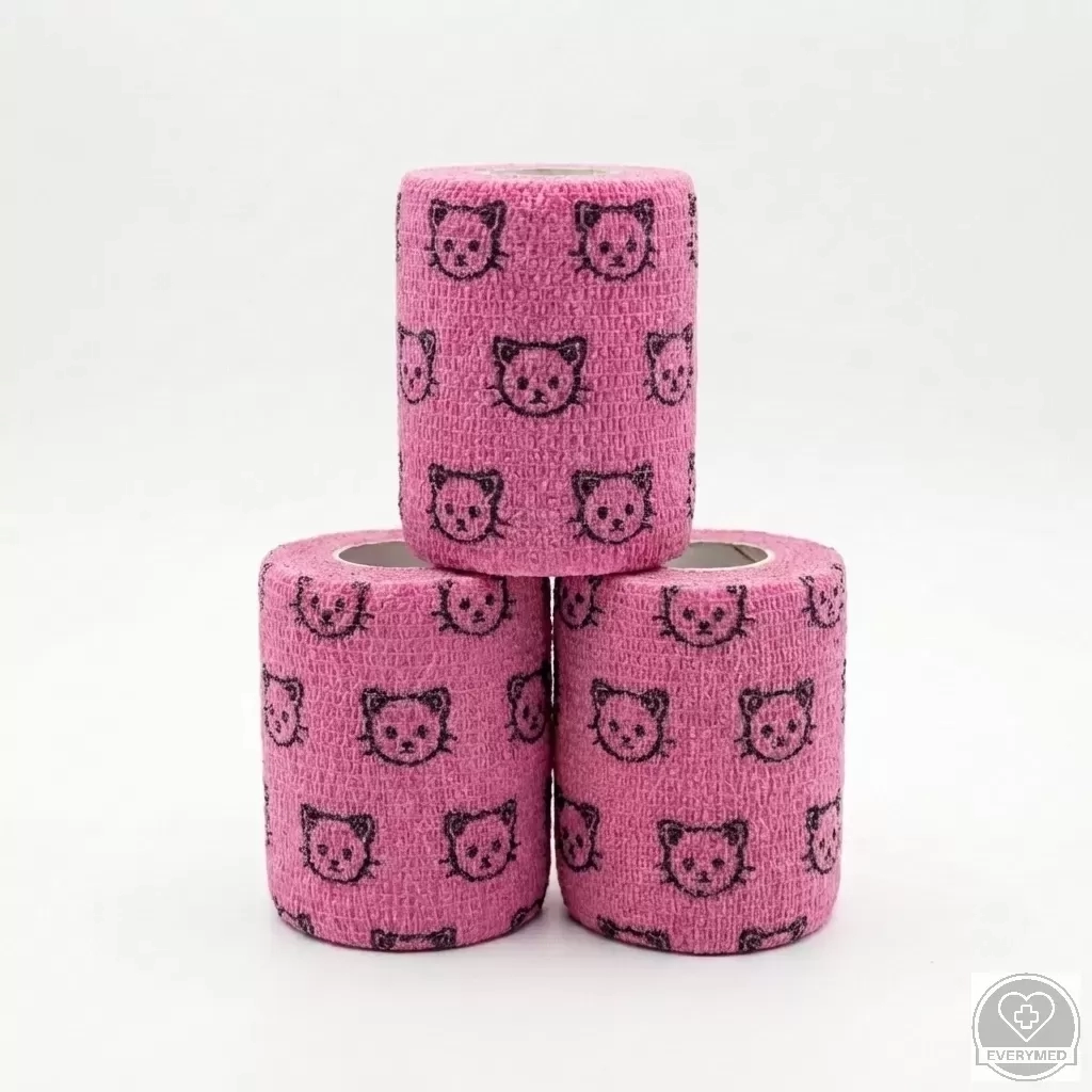 Öntapadós rugalmas kötszer, rózsaszín macska mintás, 7,5 cm x 4,5 m, 12 db