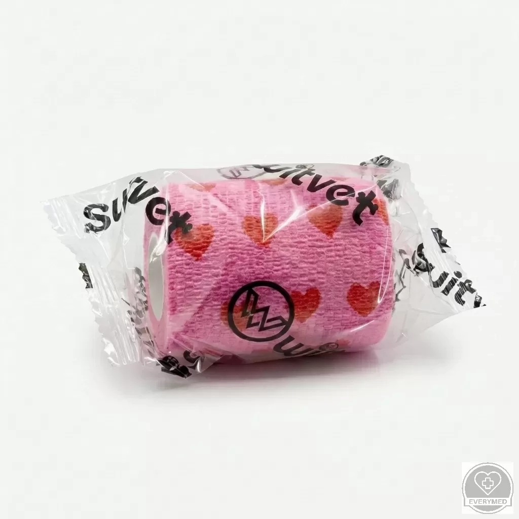 Öntapadós rugalmas kötszer, rózsaszín szív mintás, 10 cm x 4,5 m, 12 db