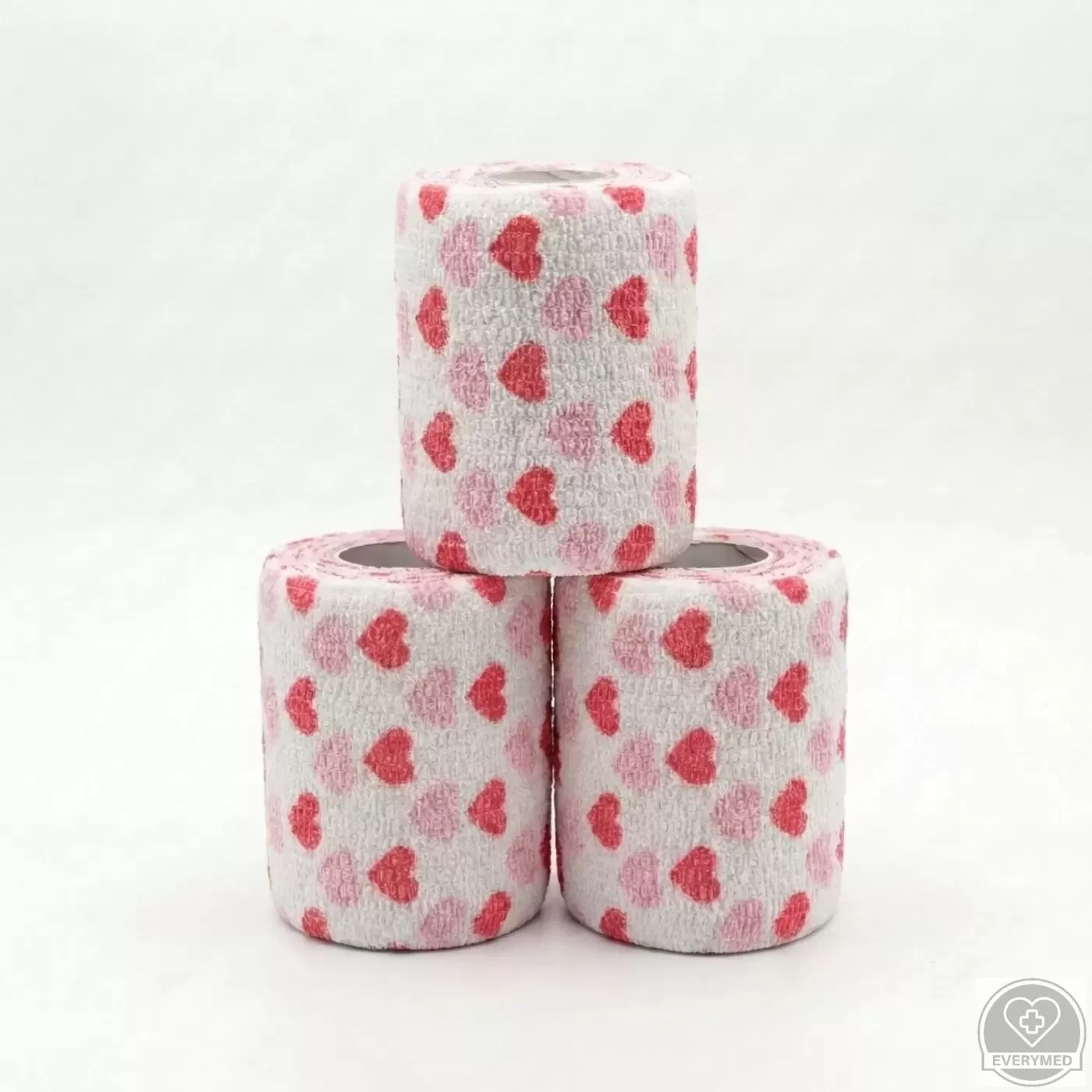 Öntapadós rugalmas kötszer, piros szív mintás, 10 cm x 4,5 m, 12 db