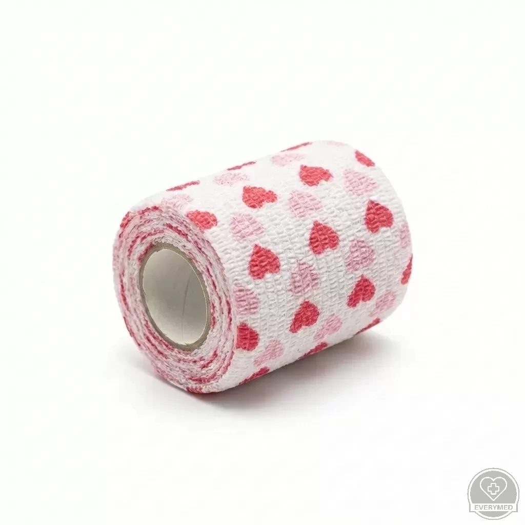 Öntapadós rugalmas kötszer, piros szív mintás, 5 cm x 4,5 m, 12 db