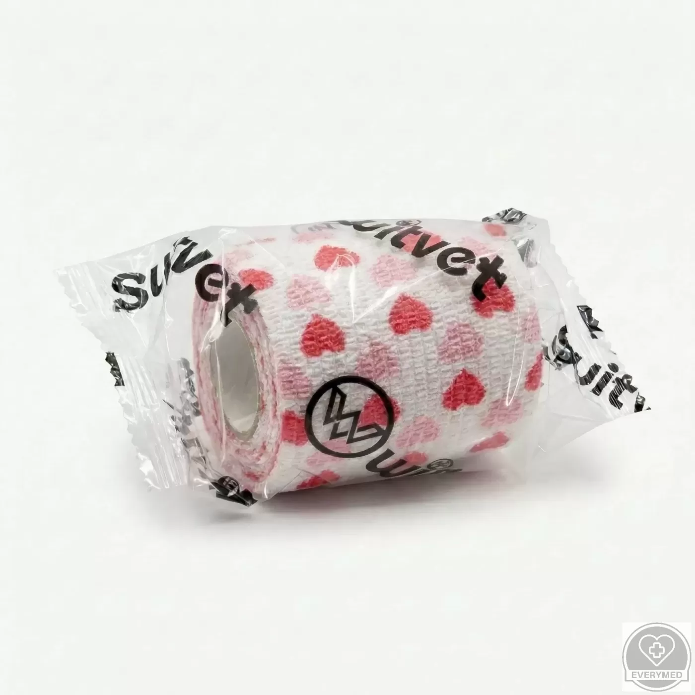 Öntapadós rugalmas kötszer, piros szív mintás, 7,5 cm x 4,5 m, 12 db