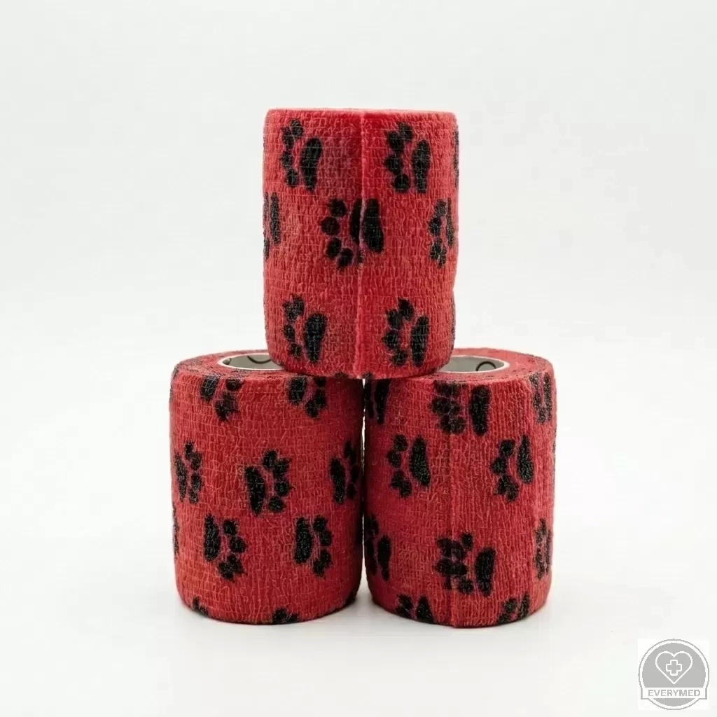 Öntapadós rugalmas kötszer, piros mancs mintás, 5 cm x 4,5 m, 12 db